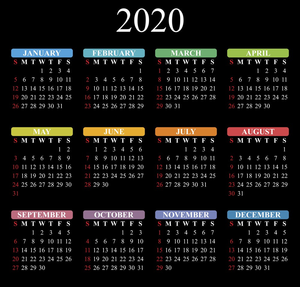 Vector calendar for 2020 year on black background. EPS10.